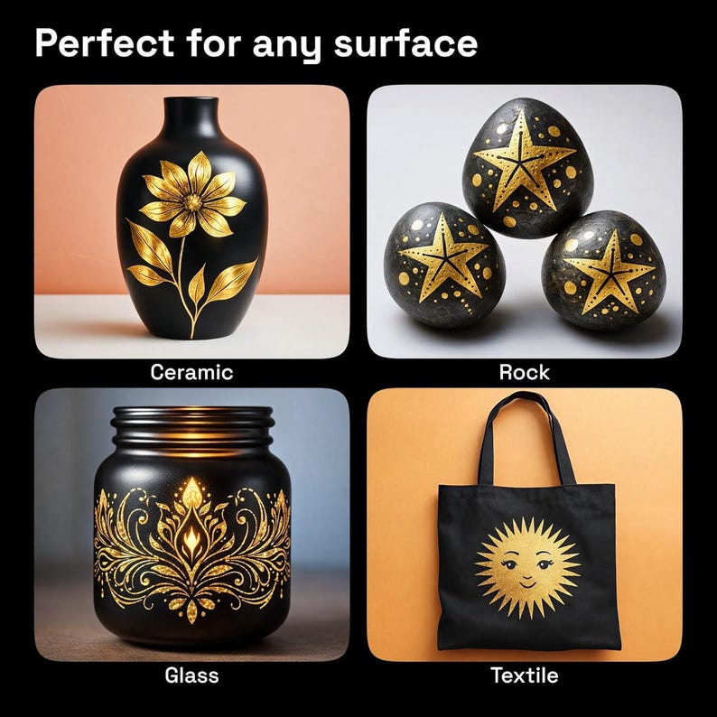 May include: Image showcasing four items: a black ceramic vase with a gold floral design, three black rocks with gold star patterns, a black glass jar with a gold ornate design, and a black tote bag with a gold sun graphic. Text reads "Perfect for any surface."
