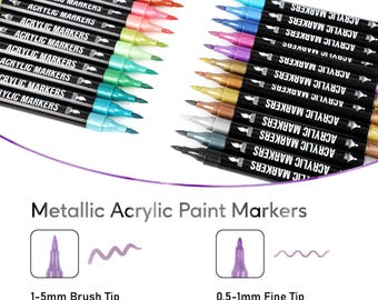 Pagather 24 Metallic Acrylic Paint Markers – Dual Tip Brush & Fine Paint Pens for Rock, Glass, Wood, Fabric