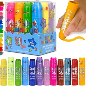 May include: A set of 12 solid tempera paint sticks in a box, with a variety of colors including pink, yellow, green, and blue. The sticks are labeled "TEMPERA PAINT STIX" and are designed for use on paper, posters, wood, and more.