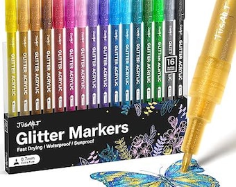JusArt 16 Glitter Paint Markers – Acrylic Shimmer Pens for Rock, Glass, Wood & DIY Crafts