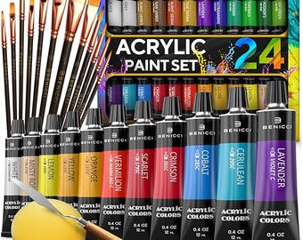 Complete Acrylic Paint Set – 24 Rich Pigment Colors, 12 Art Brushes, Paint Knife