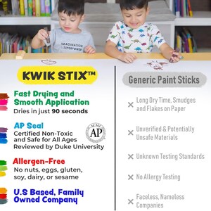 May include: Two young children are shown using Kwik Stix paint sticks on a white surface. The image highlights the paint sticks' features: fast drying, smooth application, and allergen-free. Text on the left side details the product's benefits and certifications.