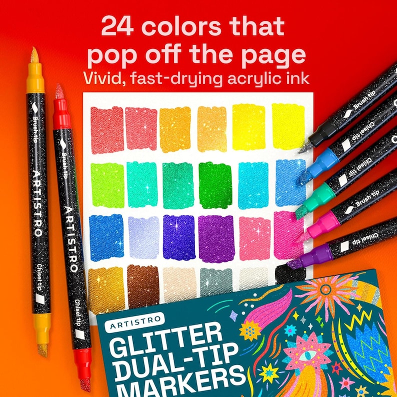 May include: A set of 24 dual-tip markers with black barrels and glittery ink. The markers feature brush and chisel tips, labeled ARTISTRO. A color swatch card displays 24 vivid shades. Text reads: 24 colors that pop off the page, Vivid, fast-drying acrylic ink, GLITTER DUAL-TIP MARKERS.