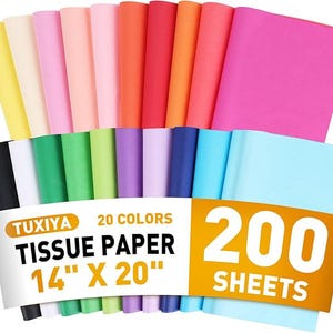 May include: A collection of 200 sheets of tissue paper in 20 colors, including yellow, pink, red, orange, black, white, green, purple, and blue. The packaging features the text TUXIYA, 20 COLORS, TISSUE PAPER, 14" X 20", and 200 SHEETS.