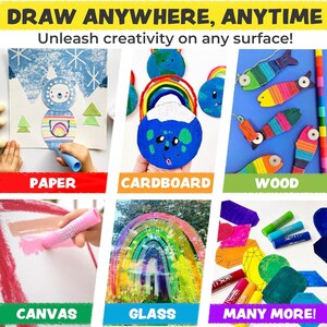 May include: Image showcasing various art projects on different surfaces. The text "DRAW ANYWHERE, ANYTIME" and "Unleash creativity on any surface!" are displayed. Examples include paper, cardboard, wood, canvas, and glass, with the words written on colorful banners.