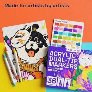 K&ouml;nnte beinhalten: Eine Auswahl an Kunstbedarf, darunter ein Set mit 36 Acrylmarkern mit zwei Spitzen, eine Farbpalette und ein Leinwanddruck eines Cartoon-Charakters. Die Marker haben eine Punktspitze und eine feine Spitze.