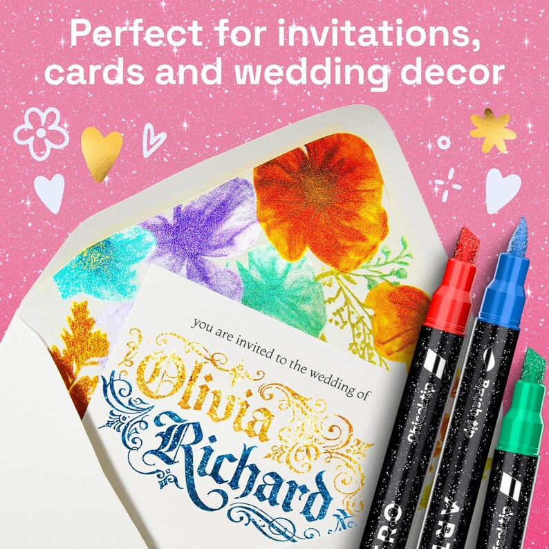 May include: An envelope with a floral-patterned liner, a white invitation card with the text "you are invited to the wedding of Olivia Richard" in gold and blue, and three markers with red, blue, and green tips and black glittery barrels.