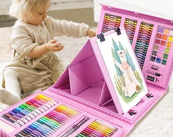 DLUCKY 208 PCS Art Supplies Kit – Pink Drawing Set with Easel, Crayons & Watercolor Pens