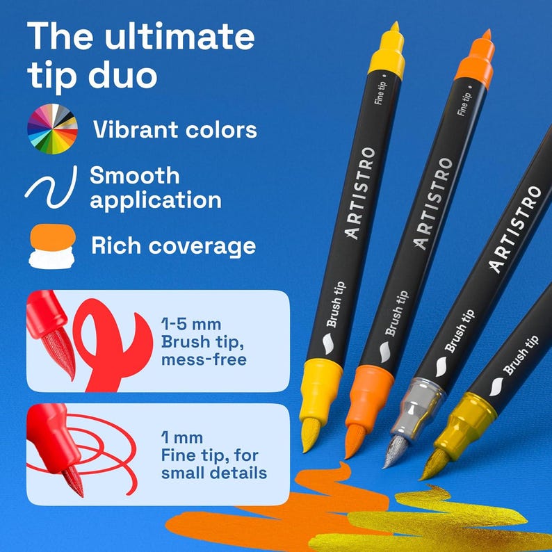 May include: Four ARTISTRO dual-tip markers with black barrels and vibrant yellow, orange, silver, and gold tips. The image highlights the markers' features: vibrant colors, smooth application, and rich coverage. Text on the image reads "The ultimate tip duo."