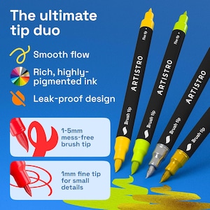 May include: Four ARTISTRO dual-tip markers with black barrels and colorful tips. The markers have a brush tip and a fine tip, with the text "The ultimate tip duo" at the top. The image highlights features like smooth flow and rich, highly-pigmented ink.