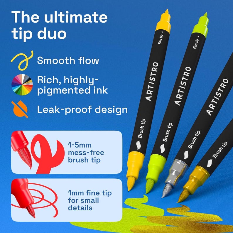 May include: Four ARTISTRO dual-tip markers with black barrels and colorful tips. The markers have a brush tip and a fine tip, with the text "The ultimate tip duo" at the top. The image highlights features like smooth flow and rich, highly-pigmented ink.