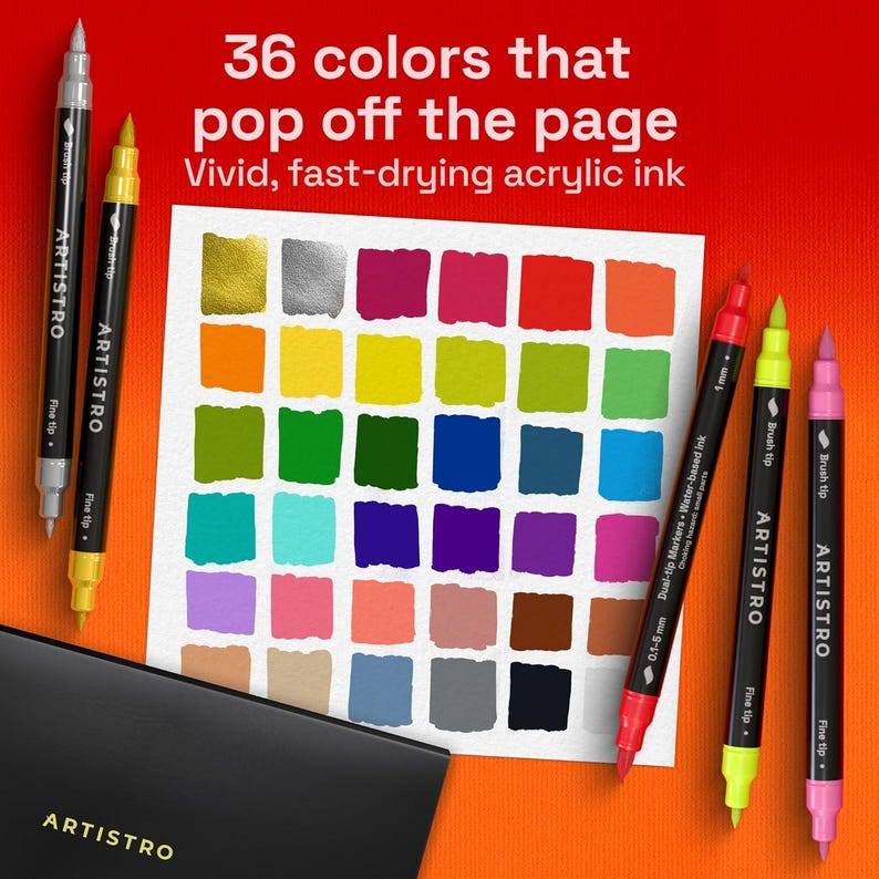 May include: A set of ARTISTRO dual-tip markers with 36 vibrant colors. The image shows a color chart with various shades, and the text reads "36 colors that pop off the page." The markers have both brush and fine tips, and the ink is fast-drying acrylic.
