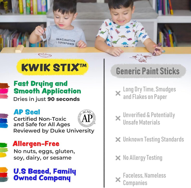 May include: Two young children are shown using Kwik Stix paint sticks on a white surface. The image highlights the paint sticks' features: fast drying, smooth application, and allergen-free. Text on the left side details the product's benefits and certifications.