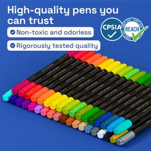 May include: A collection of ARTISTRO brand fine-tip pens in a variety of colors, including red, orange, yellow, green, and blue. The pens are arranged in rows, with the text "High-quality pens you can trust" at the top.