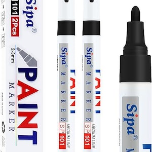 May include: Two white Sipa SP 101 paint markers with black caps and a 2-3mm tip, accompanied by their vertical white packaging box. The box features the text Sipa, SP 101, 2Pcs, 2-3mm, and PAINT MARKER in blue, red, and black lettering.