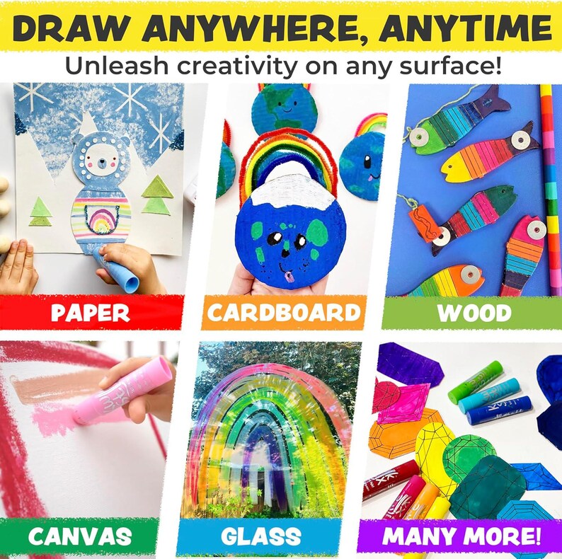 May include: Image showcasing various art projects on different surfaces. The text "DRAW ANYWHERE, ANYTIME" and "Unleash creativity on any surface!" are displayed. Examples include paper, cardboard, wood, canvas, and glass, with the words written on colorful banners.