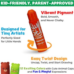 May include: Orange solid tempera paint stick with the text "Kwik Stix". The packaging highlights "Vibrant Pigment" and "Easy Twist Design". The product is "Kid-Friendly, Parent-Approved" and "Designed for Tiny Artists".