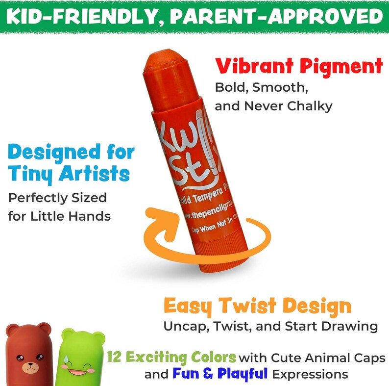 May include: Orange solid tempera paint stick with the text "Kwik Stix". The packaging highlights "Vibrant Pigment" and "Easy Twist Design". The product is "Kid-Friendly, Parent-Approved" and "Designed for Tiny Artists".