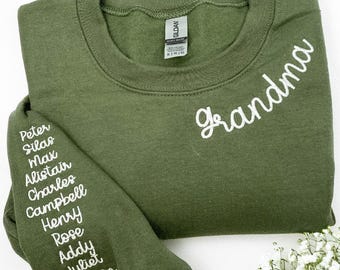 Embroidered Grandma Sweatshirt, Custom Grandkids Names on Sleeve