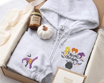 Hokus Pokus Halloween bestickter Zip Hoodie, Halloween Zip Hoodie, Retro Halloween, lustiges Halloween Geschenk für Freunde