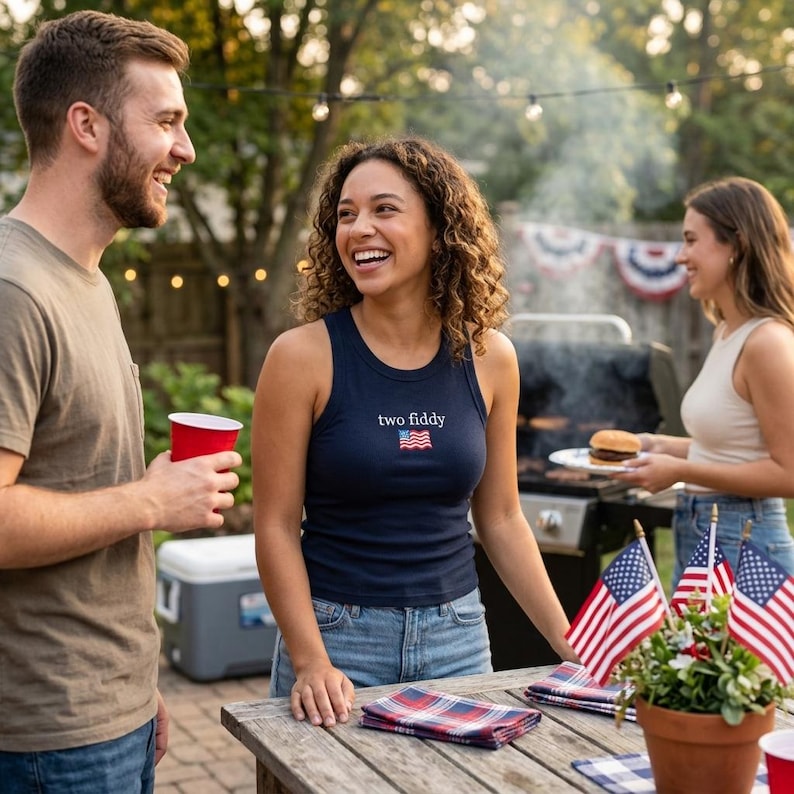 Two Fiddy Embroidered Crop Tank Top, USA 250 Years Patriotic Tee, July 4th Outfit Independence Day, American Birthday BBQ Party Shirt image 3