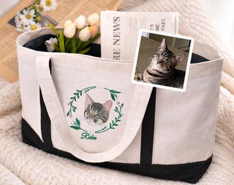 Embroidered Pet Portrait Tote Bag – Personalized Cat/Dog Mom Gift