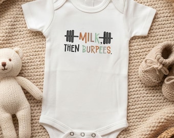 Embroidered Baby Onesie - Milk Then Burpees, Funny Gym Baby Outfit, Crossfit Baby Gift, Baby Shower Gift, Newborn Bodysuit