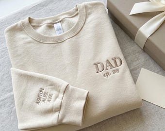 Custom Embroidered Dad Est Sweatshirt With Kids Names on Sleeve, Personalized Dad Gift, Gift For New Dad, Father's Day Gift, Dad To Be Gift