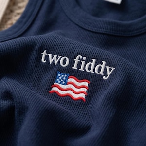Two Fiddy Embroidered Crop Tank Top, USA 250 Years Patriotic Tee, July 4th Outfit Independence Day, American Birthday BBQ Party Shirt image 2