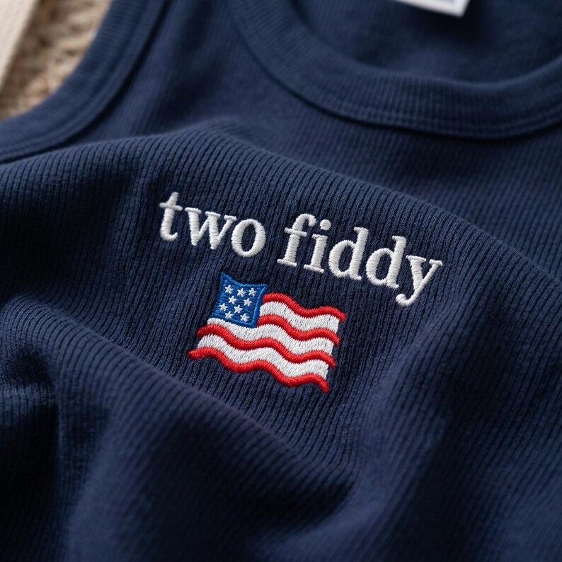 Two Fiddy Embroidered Crop Tank Top, USA 250 Years Patriotic Tee, July 4th Outfit Independence Day, American Birthday BBQ Party Shirt image 2