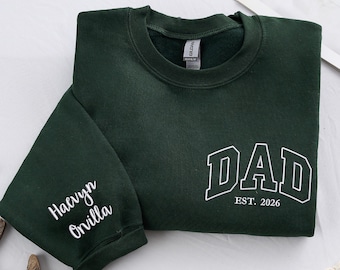 Dad Embroidered Sweatshirt, Custom Dad Shirt With Kids Names, Heart On Sleeve, Daddy Est Year Hoodie, Gift For New Dad, Father's Day Gift