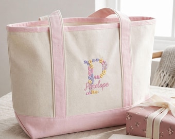 Personalized Tote Bag Embroidered, Custom Name Floral Initial Canvas Tote, Gift for Her, Bridesmaid Gift, Aesthetic Bag