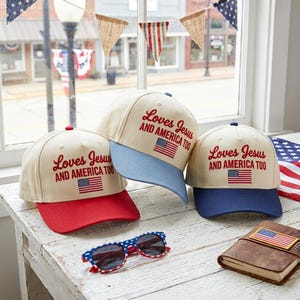 Loves Jesus and America Too Hat, Christian Patriotic Cap, 4th of July Embroidered Trucker Hat, Faith and Freedom Gift, USA Flag Cap