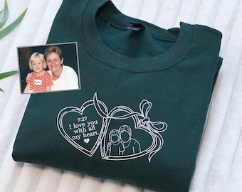 Custom Photo Embroidered Sweatshirt, Couple Portrait Crewneck, Anniversary Gift, Family Outline Shirt, Heart Locket Embroidery