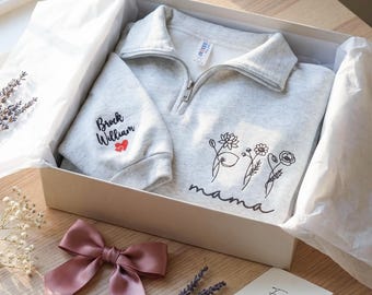 Custom Embroidered Mama Sweatshirt with Birth Flowers & Kids Names, Meaningful Gift for Mom and Grandma