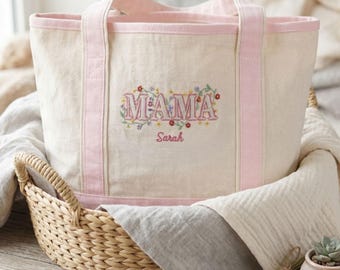 Personalized Mama Tote Bag Embroidered, Custom Floral MAMA Bag with Name, Mom Gift, Mother’s Day Gift, Canvas Tote