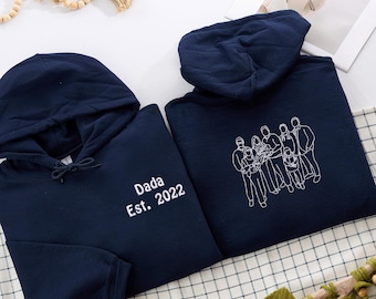 Custom Line Art Portrait Hoodie from Photo, Embroidered Family Sweatshirt, Personalized Name Hoodie Gift for Her Him