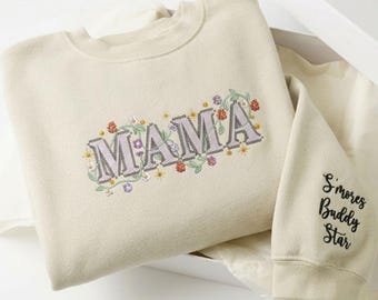 Personalized Mama Sweatshirt Embroidered, Custom Floral MAMA Crewneck with Kids Names on Sleeve, Mom Gift, Mother’s Day Gift