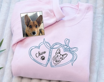 Embroidery Custom Pet Portrait Sweatshirt, Vintage Locket Dog Mom Gift, Personalized Cat Photo Heart Shirt, Coquette Bow Crewneck, Memorial