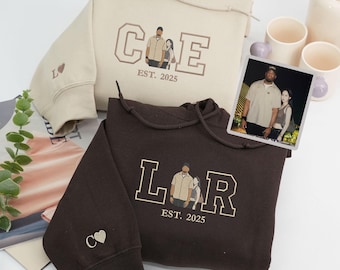 Personalized Hoodie Embroidered Custom Couple Photo with Initials Design Perfect Gift for Lovers