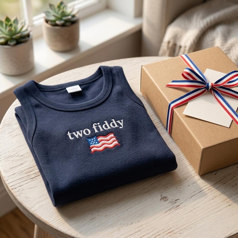 Two Fiddy Embroidered Crop Tank Top, USA 250 Years Patriotic Tee, July 4th Outfit Independence Day, American Birthday BBQ Party Shirt image 7