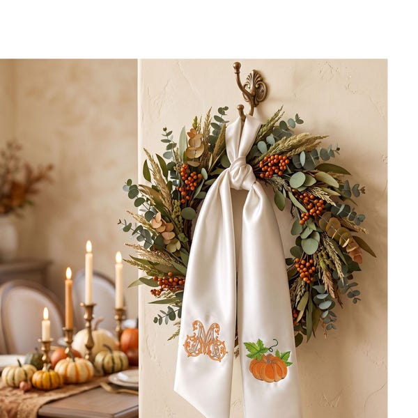 Personalized Embroidered Wreath Sash, Custom Monogram Wreath Ribbon, Fall Front Door Decor, Housewarming Gift