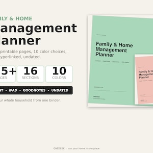 May include: A mint green and pink Family & Home Management Planner. The planner includes 125+ pages, 16 sections, and 10 color choices. The text on the planner reads "Family & Home Management Planner".