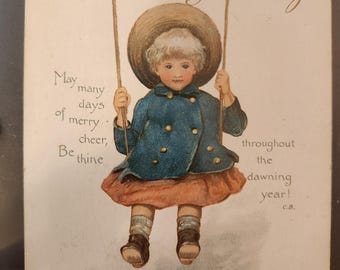 Antike Ernest Nister Grußkarte – Kind auf Schaukel – Gedruckt in Bayern – Gerahmtes viktorianisches Ephemera