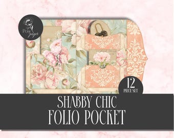 Shabby Chic Folio Utskrivbara material för skräpjournaling Folio Pocket Ephemera Junk Journal Digital Folio Rosa blommiga sidor med fickor Utskrivbara papper