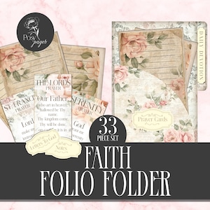 May include: A Faith Folio Folder set with 33 pieces, featuring a floral design with pink roses. Includes prayer cards, notes, and daily devotionals. The set has a vintage, antique aesthetic with handwritten text.