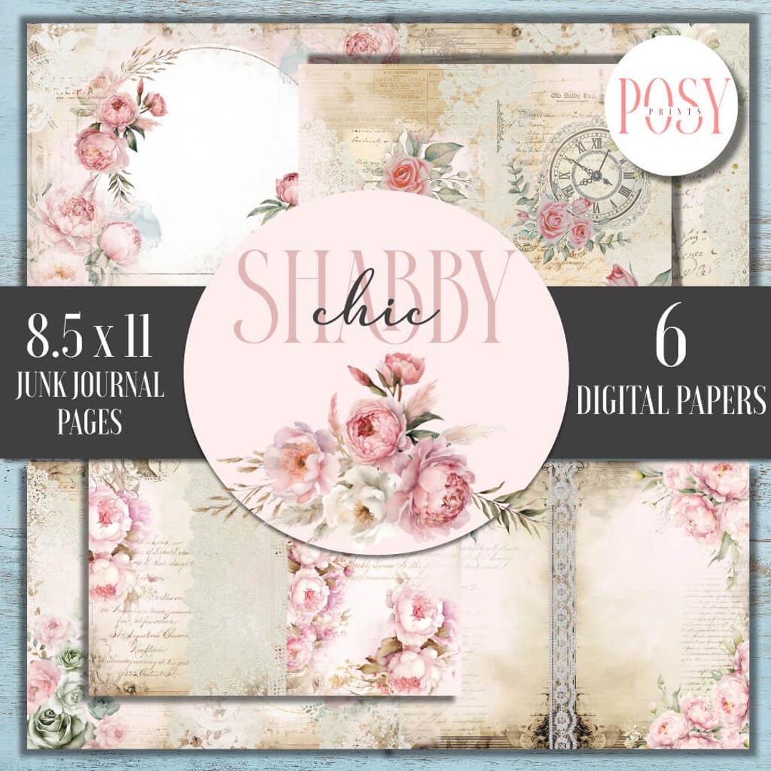 Shabby Chic Junk Journal Paper: Pink Rose Floral Pages (digital ...