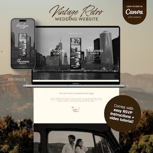 Könnte beinhalten: Eine Vintage-Retro-Hochzeitswebsite-Vorlage, die auf einem Laptop und Smartphone angezeigt wird. Die Website verfügt über einen Schwarz-Weiß-Hintergrund mit Stadtlandschaft und enthält die Namen "Evelyn" und "Thomas". Die Vorlage ist vollständig mit Canva bearbeitbar und enthält RSVP-Anweisungen.