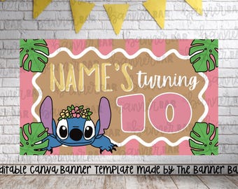 Happy Birthday Banner Template | Stitch Painted Banner | Editable Canva Template | 35x60 Digital Backdrop | Instant Download | Stitch Party