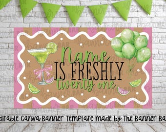 Happy Birthday Banner Template | Twenty One Margarita Painted Banner | Editable Canva Template | 35x60 Digital Backdrop | Instant Download